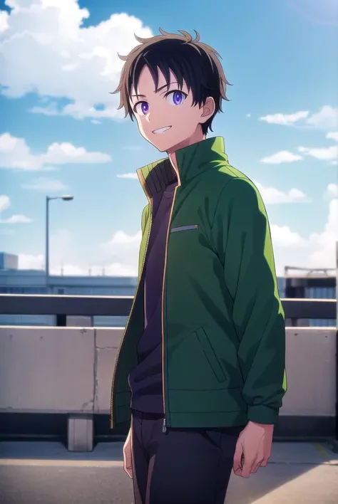 akiratendou, <lora:akira tendou s1-lora-nochekaiser:1>,
akira tendou, short hair, black hair, male focus, wide-eyed, (purple eyes:1.1), smile, grin,
BREAK shirt, jacket, white shirt, open clothes, pants, open jacket, black pants, green jacket,
BREAK outdoors, city, sun, sky, clouds,
BREAK looking at viewer, (cowboy shot:1.5),
BREAK <lyco:GoodHands-beta2:1>, (masterpiece:1.2), best quality, high resolution, unity 8k wallpaper, (illustration:0.8), (beautiful detailed eyes:1.6), extremely detailed face, perfect lighting, extremely detailed CG, (perfect hands, perfect anatomy),