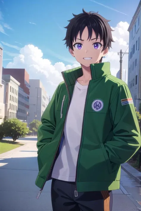 akiratendou, <lora:akira tendou s1-lora-nochekaiser:1>,
akira tendou, short hair, black hair, male focus, wide-eyed, (purple eyes:1.1), smile, grin,
BREAK shirt, jacket, white shirt, open clothes, pants, open jacket, black pants, green jacket,
BREAK outdoors, city, sun, sky, clouds,
BREAK looking at viewer, (cowboy shot:1.5),
BREAK <lyco:GoodHands-beta2:1>, (masterpiece:1.2), best quality, high resolution, unity 8k wallpaper, (illustration:0.8), (beautiful detailed eyes:1.6), extremely detailed face, perfect lighting, extremely detailed CG, (perfect hands, perfect anatomy),