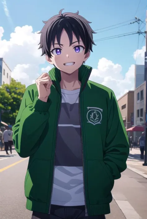 akiratendou, <lora:akira tendou s1-lora-nochekaiser:1>,
akira tendou, short hair, black hair, male focus, wide-eyed, (purple eyes:1.1), smile, grin,
BREAK shirt, jacket, white shirt, open clothes, pants, open jacket, black pants, green jacket,
BREAK outdoors, city, sun, sky, clouds,
BREAK looking at viewer, (cowboy shot:1.5),
BREAK <lyco:GoodHands-beta2:1>, (masterpiece:1.2), best quality, high resolution, unity 8k wallpaper, (illustration:0.8), (beautiful detailed eyes:1.6), extremely detailed face, perfect lighting, extremely detailed CG, (perfect hands, perfect anatomy),