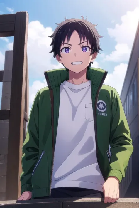 akiratendou, <lora:akira tendou s1-lora-nochekaiser:1>,
akira tendou, short hair, black hair, male focus, wide-eyed, (purple eyes:1.1), smile, grin,
BREAK shirt, jacket, white shirt, open clothes, pants, open jacket, black pants, green jacket,
BREAK outdoors, city, sun, sky, clouds,
BREAK looking at viewer, (cowboy shot:1.5),
BREAK <lyco:GoodHands-beta2:1>, (masterpiece:1.2), best quality, high resolution, unity 8k wallpaper, (illustration:0.8), (beautiful detailed eyes:1.6), extremely detailed face, perfect lighting, extremely detailed CG, (perfect hands, perfect anatomy),