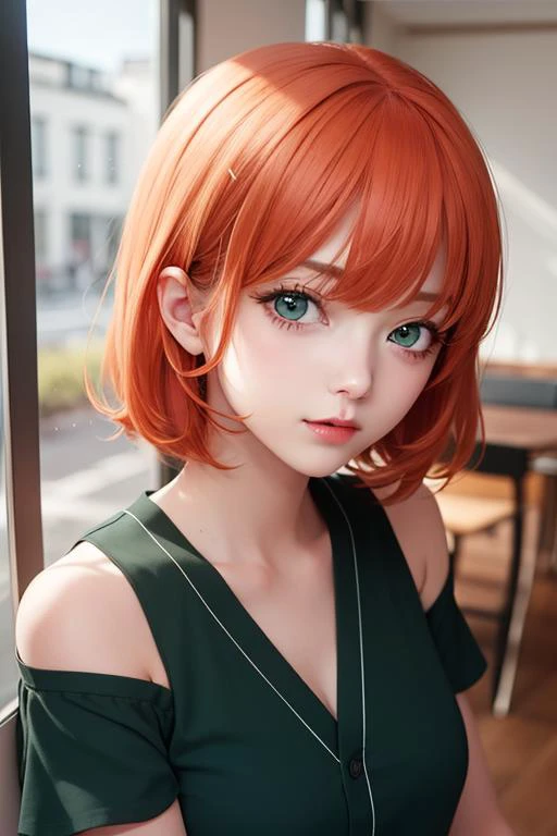 1girl, orange hair, dark green eyes,