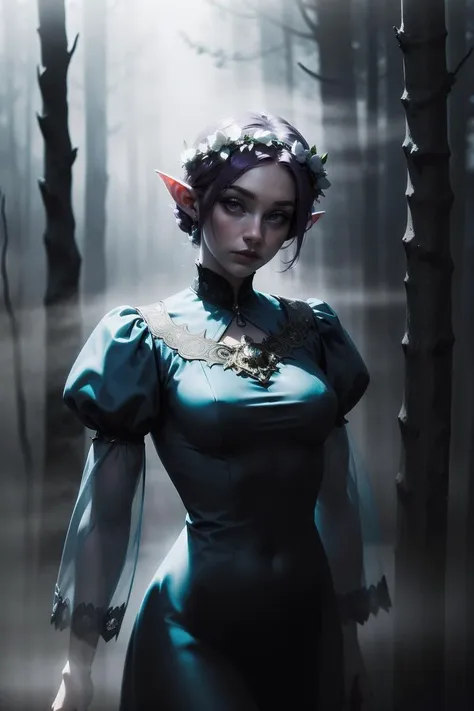 cowboy shot of beautiful elf queen, purple hair, ornate cyan dress with puffy sleeves, see-through sleeves, head wreath, particles, dark forest, night, fog,<lora:sxz-bw-blur-x:0.8> bw, motion blur