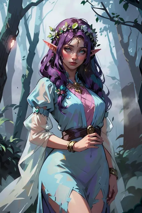 cowboy shot of beautiful elf queen, purple hair, ornate cyan dress with puffy sleeves, see-through sleeves, head wreath, particles, dark forest, night, fog, <lora:sxz-bin-x:0.9>