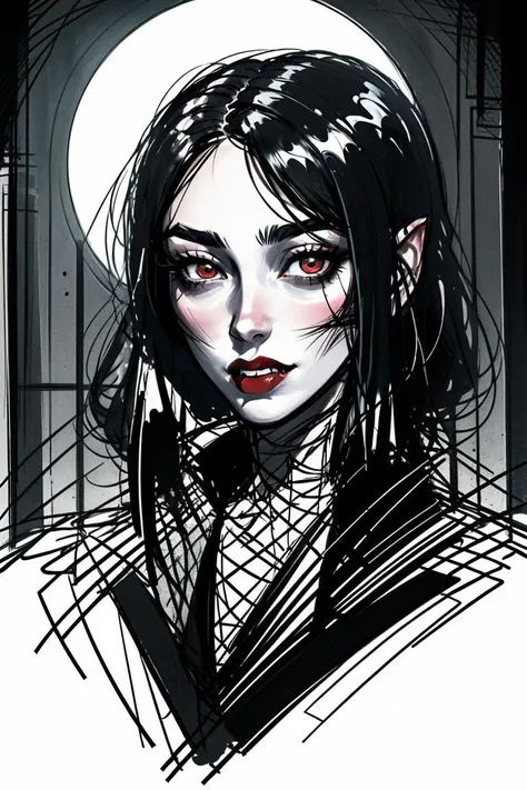 portrait of vampire queen standing in dark, black hair, no pupils, no sclera, red lips, fangs, castle indoors, moonlight, particles, night, dark scene,  <lora:sxz-maznya-x:0.8> thick lineart, (bad quality, poorly drawing:0.8), scribble