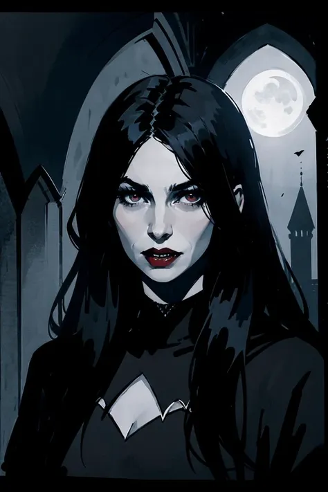 portrait of vampire queen standing in dark, black hair, no pupils, no sclera, red lips, fangs, castle indoors, moonlight, particles, night, dark scene, <lora:sxz-stencil-x:0.8> stencil style, solid black, minimalism,