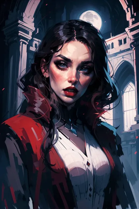 portrait of vampire queen standing in dark, black hair, no pupils, no sclera, red lips, fangs, castle indoors, moonlight, particles, night, dark scene, <lora:sxz-paint-x:0.8> brush strokes, high contrast,