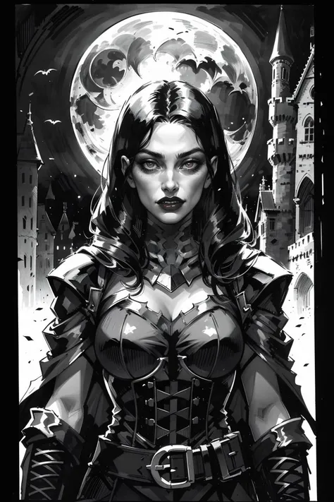 portrait of vampire queen standing in dark, black hair, no pupils, no sclera, red lips, fangs, castle indoors, moonlight, particles, night, dark scene, <lora:sxz-comic-bw-x:0.8> bw, linear hatching,