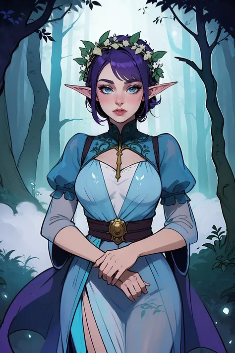 cowboy shot of beautiful elf queen, purple hair, ornate cyan dress with puffy sleeves, see-through sleeves, head wreath, particles, dark forest, night, fog, <lora:sxz-8-triple-x:0.8>