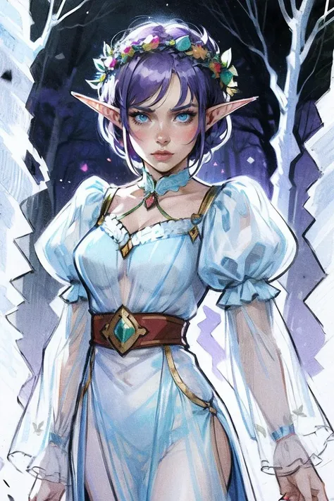 cowboy shot of beautiful elf queen, purple hair, ornate cyan dress with puffy sleeves, see-through sleeves, head wreath, particles, dark forest, night, fog, <lora:sxz-sfpencil-x:0.9> outline, lineart, pencil drawing style, (bad quality:0.66),