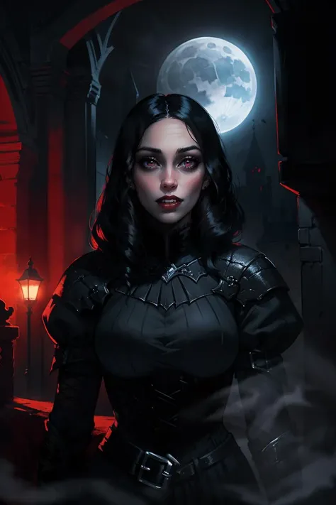 portrait of vampire queen standing in dark, black hair, no pupils, no sclera, red lips, fangs, castle indoors, moonlight, particles, night, dark scene,  <lora:sxz-reeves-x:0.8>  solid black, solid red, reflective, hard light, color contrast,