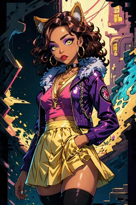 (Clawdeen:1.0), (wolf ears:1.5), (yellow eyes), (brown skin, dark brown skin, black skin), (curly brown hair, long hair, voluptuous hair:1.2), (purple eyeshadow, black choker necklace, gold necklace, pink shirt, black and purple jacket with white fur collar, purple skirt, high stockings:1.2), purple themed background, (realistic:1.2), (masterpiece:1.2), (full-body-shot:1.2),(Cowboy-shot:1.2), neon lighting, dark romantic lighting, (highly detailed:1.2),(detailed face:1.2), (gradients), colorful, detailed eyes, (detailed landscape:1.2), (natural lighting:1.2),(detailed background), detailed landscape, (cute pose:1.2), solo, close up, <lora:Clawdeen1.0:0.8> <lora:add_detail:0.15> <lora:hipoly3DModelLora_v10:0.05> <lora:RSERomantic_RSESofiko_RSEEmma-v1:0.1> <lora:BeautifulEyes:0.65> <lyco:coloredSkin-08:0.3>