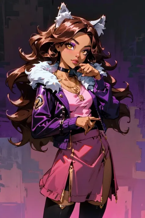 (Clawdeen:1.0), (wolf ears:1.5), (yellow eyes), (brown skin, dark brown skin, black skin), (curly brown hair, long hair, voluptuous hair:1.2), (purple eyeshadow, black choker necklace, gold necklace, pink shirt, black and purple jacket with white fur collar, purple skirt, high stockings:1.2), purple themed background, (realistic:1.2), (masterpiece:1.2), (full-body-shot:1.2),(Cowboy-shot:1.2), neon lighting, dark romantic lighting, (highly detailed:1.2),(detailed face:1.2), (gradients), colorful, detailed eyes, (detailed landscape:1.2), (natural lighting:1.2),(detailed background), detailed landscape, (cute pose:1.2), solo, close up, <lora:Clawdeen1.0:0.8> <lora:add_detail:0.15> <lora:hipoly3DModelLora_v10:0.05> <lora:RSERomantic_RSESofiko_RSEEmma-v1:0.1> <lora:BeautifulEyes:0.65> <lyco:coloredSkin-08:0.3>