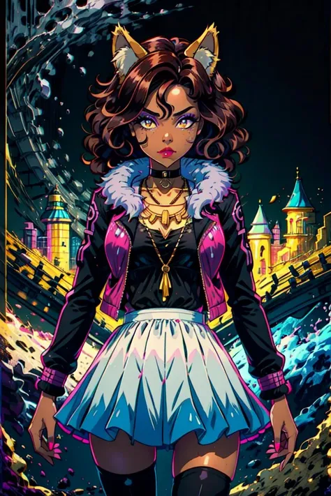 (Clawdeen:1.0), (wolf ears:1.5), (yellow eyes), (brown skin, dark brown skin, black skin), (curly brown hair, long hair, voluptuous hair:1.2), (purple eyeshadow, black choker necklace, gold necklace, pink shirt, black and purple jacket with white fur collar, purple skirt, high stockings:1.2), purple themed background, (realistic:1.2), (masterpiece:1.2), (full-body-shot:1.2),(Cowboy-shot:1.2), neon lighting, dark romantic lighting, (highly detailed:1.2),(detailed face:1.2), (gradients), colorful, detailed eyes, (detailed landscape:1.2), (natural lighting:1.2),(detailed background), detailed landscape, (cute pose:1.2), solo, close up, <lora:Clawdeen1.0:0.8> <lora:add_detail:0.15> <lora:hipoly3DModelLora_v10:0.05> <lora:RSERomantic_RSESofiko_RSEEmma-v1:0.1> <lora:BeautifulEyes:0.65> <lyco:coloredSkin-08:0.3>