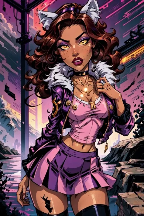 (Clawdeen:1.0), (wolf ears:1.5), (yellow eyes), (brown skin, dark brown skin, black skin), (curly brown hair, long hair, voluptuous hair:1.2), (purple eyeshadow, black choker necklace, gold necklace, pink shirt, black and purple jacket with white fur collar, purple skirt, high stockings:1.2), purple themed background, (realistic:1.2), (masterpiece:1.2), (full-body-shot:1.2),(Cowboy-shot:1.2), neon lighting, dark romantic lighting, (highly detailed:1.2),(detailed face:1.2), (gradients), colorful, detailed eyes, (detailed landscape:1.2), (natural lighting:1.2),(detailed background), detailed landscape, (cute pose:1.2), solo, close up, <lora:Clawdeen1.0:0.8> <lora:add_detail:0.15> <lora:hipoly3DModelLora_v10:0.05> <lora:RSERomantic_RSESofiko_RSEEmma-v1:0.1> <lora:BeautifulEyes:0.65> <lyco:coloredSkin-08:0.3>
