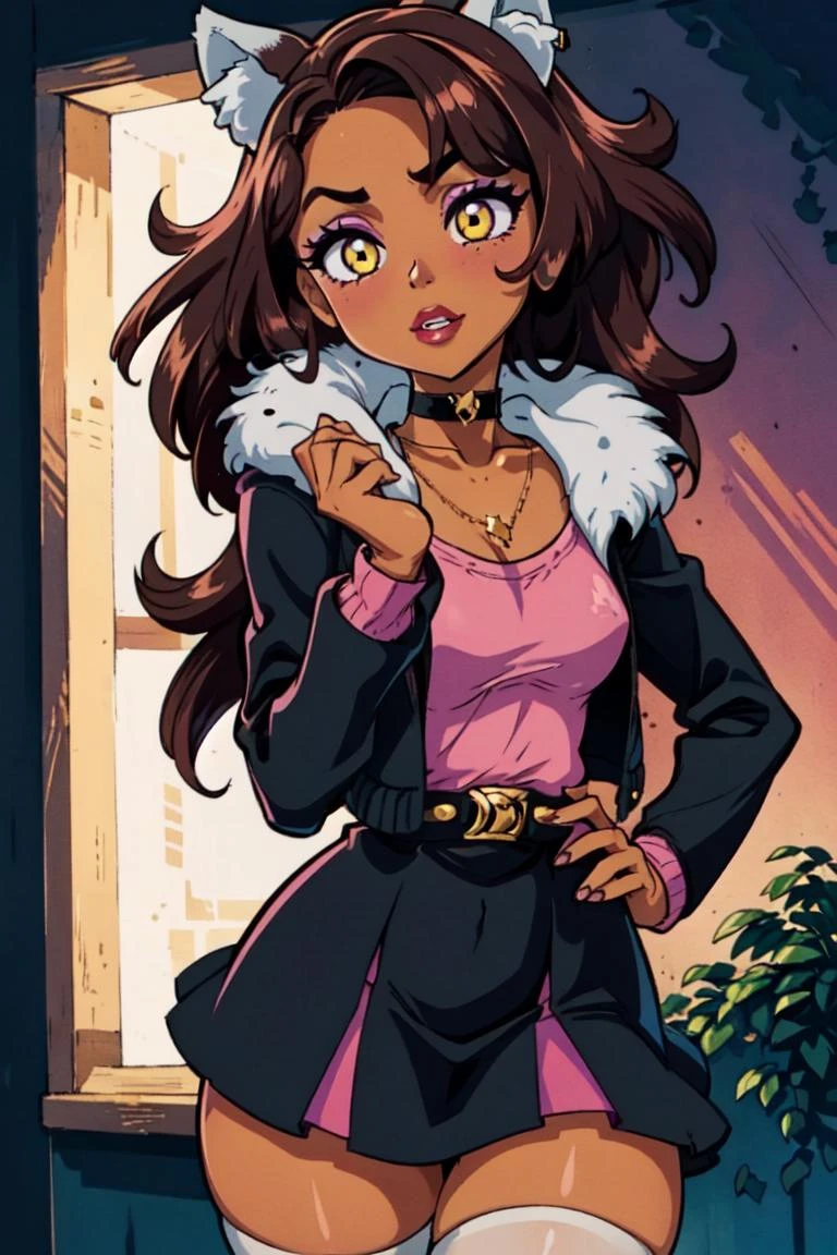 (Clawdeen:1.0), (wolf ears:1.5), (yellow eyes), (brown skin, dark brown skin, black skin), (curly brown hair, long hair, voluptuous hair:1.2), (purple eyeshadow, black choker necklace, gold necklace, pink shirt, black and purple jacket with white fur collar, purple skirt, high stockings:1.2), purple themed background, (realistic:1.2), (masterpiece:1.2), (full-body-shot:1.2),(Cowboy-shot:1.2), neon lighting, dark romantic lighting, (highly detailed:1.2),(detailed face:1.2), (gradients), colorful, detailed eyes, (detailed landscape:1.2), (natural lighting:1.2),(detailed background), detailed landscape, (cute pose:1.2), solo, close up, <lora:Clawdeen1.0:0.8> <lora:add_detail:0.15> <lora:hipoly3DModelLora_v10:0.05> <lora:RSERomantic_RSESofiko_RSEEmma-v1:0.1> <lora:BeautifulEyes:0.65> <lyco:coloredSkin-08:0.3>
