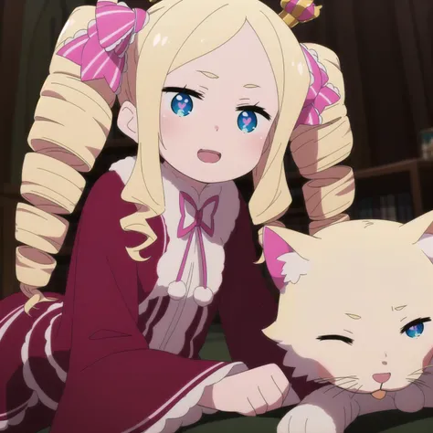masterpiece, best quality, ultra-detailed, epic lighting, cinematic composition, 1girl, flat chest, solo, betty, cute, (long blonde hair:1.1), blue eyes, hair ribbon, long sleeves, (striped legwear:1.1), single mini crown, pink bow, ringlets, drill hair, twin drills, symbol-shaped pupils, half-closed eyes, :d, lying in bed, from the side, whole body, playing with white cat, (8k:1.1) <lora:BettyV1:0.8>