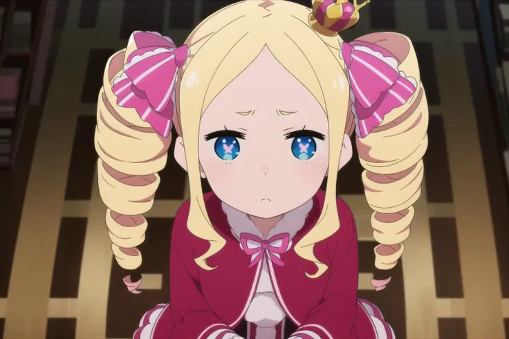 masterpiece, best quality, ultra-detailed, epic lighting, cinematic composition, 1girl, betty, (long blonde hair:1.1), blue eyes, hair ribbon, long sleeves, (striped legwear:1.2), single mini crown, pink bow, ringlets, drill hair, twin drills, symbol-shaped pupils, half-closed eyes, (frown:1.1), looking at viewer, upper body, (from above:1.1), library, (8k:1.1) <lora:BettyV1:0.8>