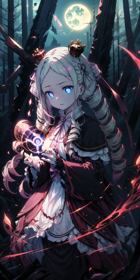 masterpiece, best quality, epic lighting, cinematic composition, beatrice, Betty, beatrice \(re:zero\), 1girl, blonde hair, blue eyes, , capelet, cowboy shot, crown, dress, drill hair, hair ribbon, long hair, mini crown, neck ribbon, pantyhose, pink hair, pink pantyhose, pink ribbon, red capelet, ribbon, striped, striped pantyhose, symbol-shaped pupils, twin drills, detailed background, night, moonlight, moon, outdoors, gloomy forest, insanevoid, glowing eyes, extra eyes, magical circle, glowing, mantra, magic in hands,
<lora:add_detail:0.15> , <lora:more_details:0.15> , <lora:BettyV1:0.7>, <lora:insanevoid2:0.4> , <lyco:MagicalCircle_Sora:1.0>