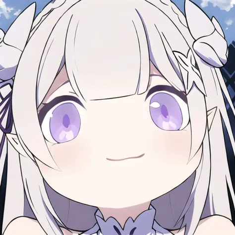 masterpiece, best quality, chibi, light smile, close-up, white background, <lora:Blue Archive cute Chibi Style:0.8>,   <lora:EmiliaV2:0.8>, 1girl, bangs, bare shoulders, braid, emilia_\(re:zero\), eyebrows visible through hair, flower, gem, white hair flower, hair ornament, hair ribbon, lens flare, low-tied long hair, pointy ears, purple eyes, purple ribbon,  silver hair,