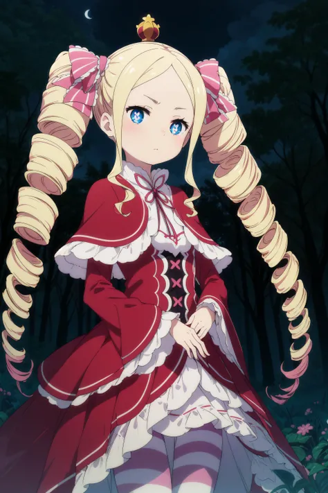 masterpiece, best quality, epic lighting, cinematic composition, beatrice, Betty, beatrice \(re:zero\), 1girl, blonde hair, blue eyes, , capelet, cowboy shot, crown, dress, drill hair, hair ribbon, long hair, mini crown, neck ribbon, pantyhose, pink hair, pink pantyhose, pink ribbon, red capelet, ribbon, striped, striped pantyhose, symbol-shaped pupils, twin drills, detailed background, night, moonlight, background moon, outdoors, gloomy forest,
<lora:add_detail:0.15> , <lora:more_details:0.15> , <lora:BettyV1:0.7>