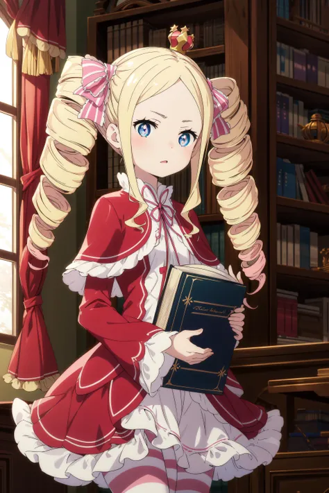 masterpiece, best quality, beatrice, Betty, beatrice \(re:zero\), 1girl, blonde hair, blue eyes, , capelet, cowboy shot, crown, dress, drill hair, hair ribbon, long hair, mini crown, neck ribbon, pantyhose, pink hair, pink pantyhose, pink ribbon, red capelet, ribbon, striped, striped pantyhose, symbol-shaped pupils, twin drills, detailed background, book, bookshelf,  
<lora:add_detail:0.15> ,  <lora:more_details:0.15> ,  <lora:BettyV1:0.7>
