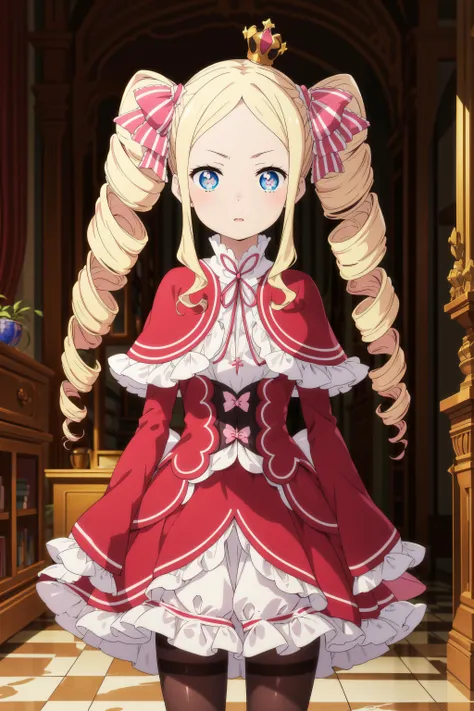 masterpiece, best quality, beatrice, Betty, beatrice \(re:zero\), 1girl, blonde hair, blue eyes, , capelet, cowboy shot, crown, dress, drill hair, hair ribbon, long hair, mini crown, neck ribbon, pantyhose, pink hair, pink pantyhose, pink ribbon, red capelet, ribbon, striped, striped pantyhose, symbol-shaped pupils, twin drills, detailed background, standing,
<lora:add_detail:0.15> ,  <lora:more_details:0.15> ,  <lora:BettyV1:0.7>