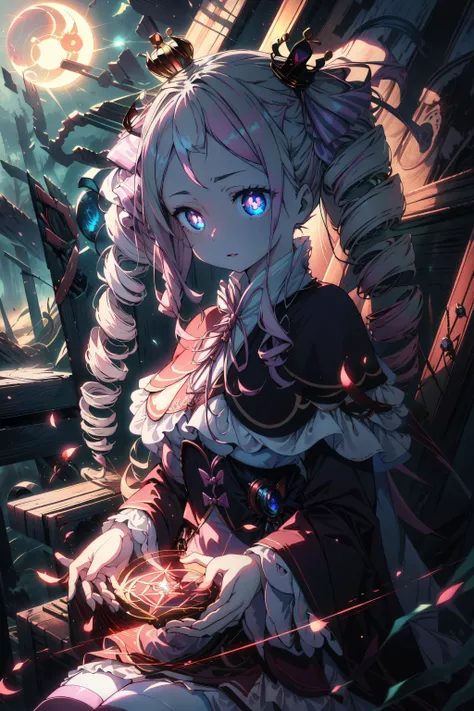 masterpiece, best quality, epic lighting, cinematic composition, beatrice, Betty, beatrice \(re:zero\), 1girl, blonde hair, blue eyes, , capelet, cowboy shot, crown, dress, drill hair, hair ribbon, long hair, mini crown, neck ribbon, pantyhose, pink hair, pink pantyhose, pink ribbon, red capelet, ribbon, striped, striped pantyhose, symbol-shaped pupils, twin drills, detailed background, night, moonlight, moon, outdoors, gloomy forest, insanevoid, horror \(theme\) , glowing eyes, extra eyes, magical circle, glowing, mantra, magic in hands,
<lora:add_detail:0.15> ,  <lora:more_details:0.15> ,  <lora:BettyV1:0.7>, <lora:insanevoid2:0.4> , <lyco:MagicalCircle_Sora:1.0>