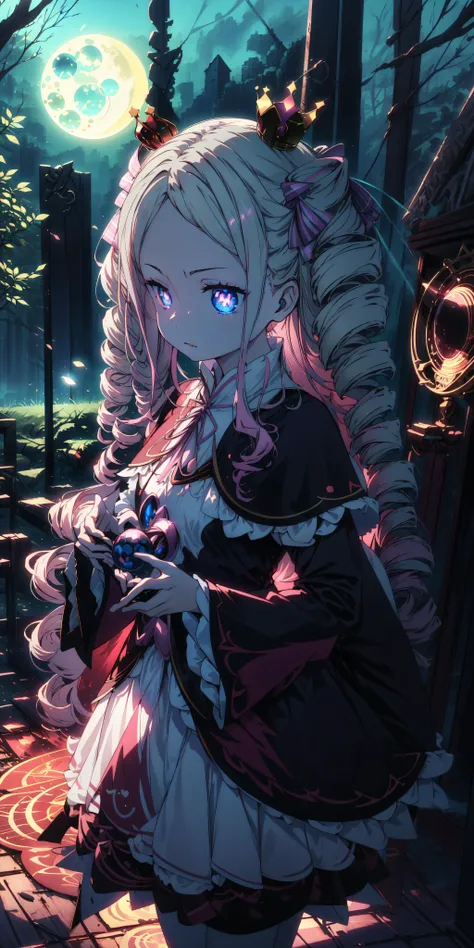 masterpiece, best quality, epic lighting, cinematic composition, beatrice, Betty, beatrice \(re:zero\), 1girl, blonde hair, blue eyes, , capelet, cowboy shot, crown, dress, drill hair, hair ribbon, long hair, mini crown, neck ribbon, pantyhose, pink hair, pink pantyhose, pink ribbon, red capelet, ribbon, striped, striped pantyhose, symbol-shaped pupils, twin drills, detailed background, night, moonlight, moon, outdoors, gloomy forest, insanevoid, glowing eyes, extra eyes, magical circle, glowing, mantra, magic in hands,
<lora:add_detail:0.15> , <lora:more_details:0.15> , <lora:BettyV1:0.7>, <lora:insanevoid2:0.4> , <lyco:MagicalCircle_Sora:1.0>