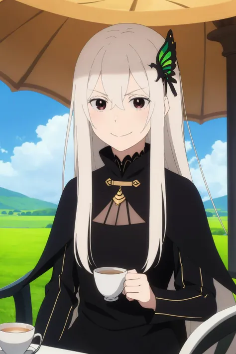 masterpiece,best quality,absurdres,1girl,Echidna,<lora:EchidnaV2:0.8>,(evil_smile:1.2),looking_at_viewer,bangs,sitting,in the gazebo,tea_set,holding_cup,black_dress,dress,hair_between_eyes,hair_ornament,long_hair,long_sleeves,white_hair,very_long_hair,nature,scenery,outdoors