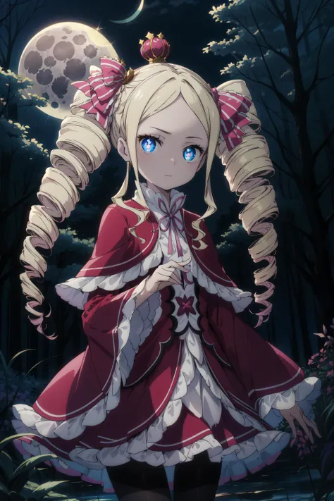 masterpiece, best quality, epic lighting, cinematic composition, beatrice, Betty, beatrice \(re:zero\), 1girl, blonde hair, blue eyes, , capelet, cowboy shot, crown, dress, drill hair, hair ribbon, long hair, mini crown, neck ribbon, pantyhose, pink hair, pink pantyhose, pink ribbon, red capelet, ribbon, striped, striped pantyhose, symbol-shaped pupils, twin drills, detailed background, night, moonlight, moon, outdoors, gloomy forest, insanevoid, horror \(theme\) , glowing eyes, extra eyes, magical circle, glowing, mantra,
<lora:add_detail:0.15> , <lora:more_details:0.15> , <lora:BettyV1:0.7>, <lora:insanevoid2:0.4> , <lyco:MagicalCircle_Sora:0.4>