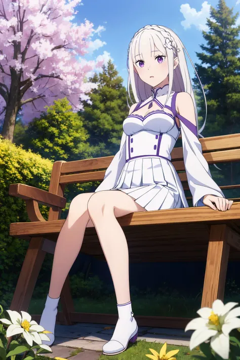 masterpiece,best quality,absurdres,1girl,<lora:EmiliaV2:0.8>,(Emilia, white hair, white_dress, pleated_white_skirt),looking_at_viewer,sitting,white flower,nature,scenery,outdoors,<lora:add_detail:0.3>