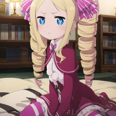 masterpiece, best quality, ultra-detailed, sharp, epic lighting, cinematic composition, 1girl, flat chest, solo, betty, cute, long blonde hair, blue eyes, drill hair, hair ribbon, long sleeves, (striped thighhighs:1.1), single mini crown, pink bow, ringlets, symbol-shaped pupils, twin drills, sitting on a bed, sad, frown, bedroom, bed, pillows, bookshelves, looking at viewer, kneeling, hugging stuffed animal, (8k:1.1) <lora:BettyV1:0.8>