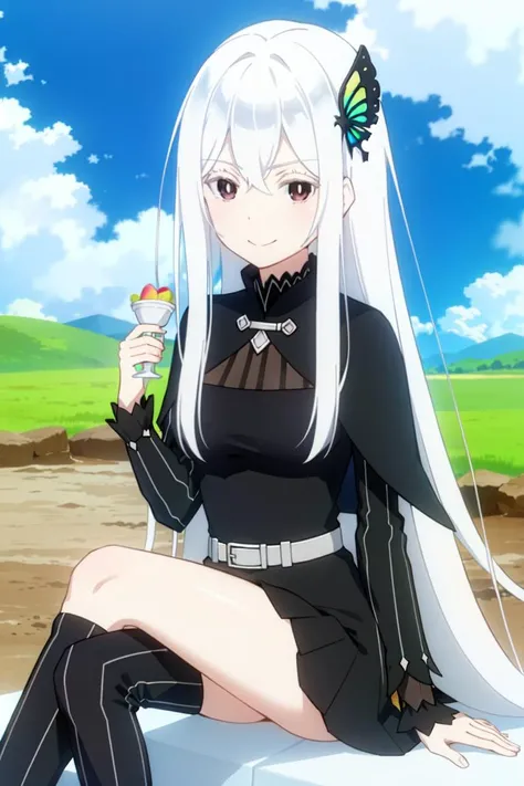Echidna
<lora:EchidnaV2:0.8>
1girl, bangs, black_dress, black_footwear, breasts, closed_mouth, dress, full_body, full_moon, hair_between_eyes, hair_ornament, light_particles, long_hair, long_sleeves, looking_at_viewer, moon, night, night_sky, ribbed_legwear, silver_hair, sitting, sky, smile, solo, star_\(sky\), starry_sky, striped, striped_legwear, vertical-striped_legwear, vertical_stripes, very_long_hair