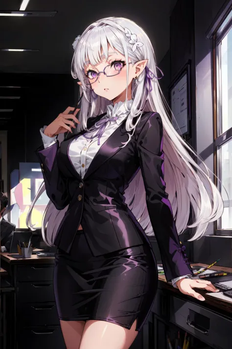 masterpiece,best quality,1girl,Emilia,pointy ears,purple eyes,white hair,(long hair),hair ornament,hair ribbon,purple ribbon,(black business suit,Pencil Skirt,glasses),standing,modern office,<lora:CHAR-Re Zero-Emilia-V2-Eternal2kPP:0.3>,<lyco:Clothing-Woman Business Suit_v10-Hatch:1>,