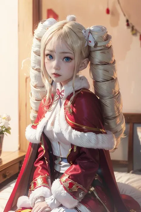 8k, full body shot, solo, ((small breast)), master piece, best quality, masterpiece, 1girl, prefect face,small hip, high quality, ultra high res , <lora:asianGirlsFace_v1:0.4>, <lora:meidusha:0.3>, light gold hair, blue eyes with rainbow pupil, hyper realistic <lora:BettyV1:0.7>, springs like twin tails, Betty, red cap with white fur trimming
