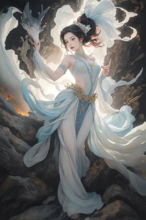 (Glowing ambiance, enchanting radiance, luminous lighting, ethereal atmosphere, mesmerizing glow, evocative hues, captivating coloration, dramatic lighting, enchanting aura), ink painting, (top quality, official art, beautiful and aesthetic:1.2), (1girl:1.4), extreme detailed, (Action painting:1.2),(concretism:1.2),(hypermaximalistic:1.5),colorful,highest detailed,<lora:anxiang:0.5>, (masterpiece, best quality, high quality, highres, ultra-detailed),