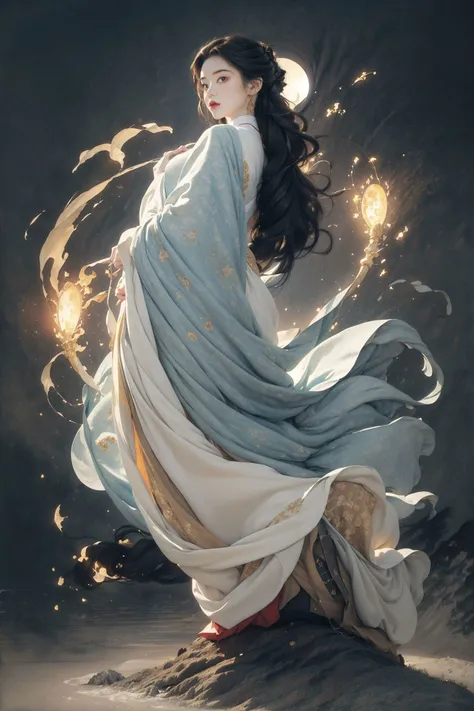 (Glowing ambiance, enchanting radiance, luminous lighting, ethereal atmosphere, mesmerizing glow, evocative hues, captivating coloration, dramatic lighting, enchanting aura), ink painting, ((moon:1)), (masterpiece, top quality, best quality, official art, beautiful and aesthetic:1.2), (1girl:1.4), extreme detailed,(joshua middleton comic cover art:1.1), (Action painting:1.2),(concretism:1.2),theater dance scene,(hypermaximalistic:1.5),colorful,highest detailed,<lora:anxiang:0.65>,cloudy sky, night,flying in the sky, floating hair, full body, (masterpiece, best quality, high quality, highres, ultra-detailed),