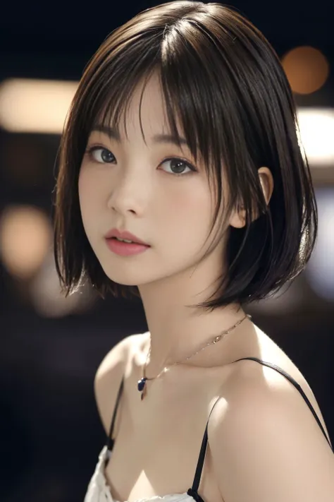 hamabeminami,(RAW photo, best quality), (realistic, photo-realistic:1.4), masterpiece, an extremely delicate and beautiful, extremely detailed, Amazing, finely detail, extremely detailed CG unity 8k wallpaper, ultra-detailed, highres, soft light, beautiful detailed girl, extremely detailed eyes and face, beautiful detailed nose, beautiful detailed eyes,cinematic lighting,city lights at night,perfect anatomy,slender body,short hair, <lora:hamabeminami_lora:0.8> ,cowboy shot, necklace, luxurious