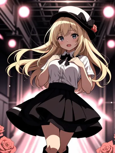 1girl , masterpiece, best quality, highres, 4k, 8k, intricate detail, cinematic lighting, amazing quality, amazing shading, soft lighting, Detailed Illustration, anime style, wallpaper, blonde, (idol clothes), ((white shirt)), short black skirt, white mini hat, sleeveless, musical note, rose hat ornament, (singing), hand on own chest, long hair, black bowtie, white hat, floating hair, bang, looking at viewer, open mouth, soldier, breasts, black high heel boots, layered skirt, mini skirt, gold shiny line on shirt