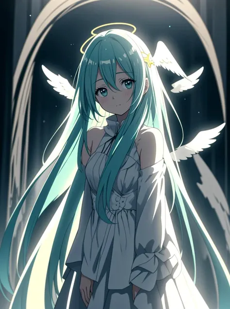 masterpiece, best quality, hatsune miku, white gown, angel, angel wings, golden halo, dark background, upper body, closed mouth, looking at viewer, arms behind back, blue theme, night, highres, 4k, 8k, intricate detail, cinematic lighting, amazing quality, amazing shading, soft lighting, Detailed Illustration, anime style, wallpaper