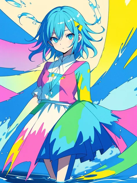 mika pikazo, (flat color:1.1),(colorful:1.3),(masterpiece:1.2), best quality, masterpiece, original, extremely detailed wallpaper, looking at viewer,1girl,solo,floating colorful water