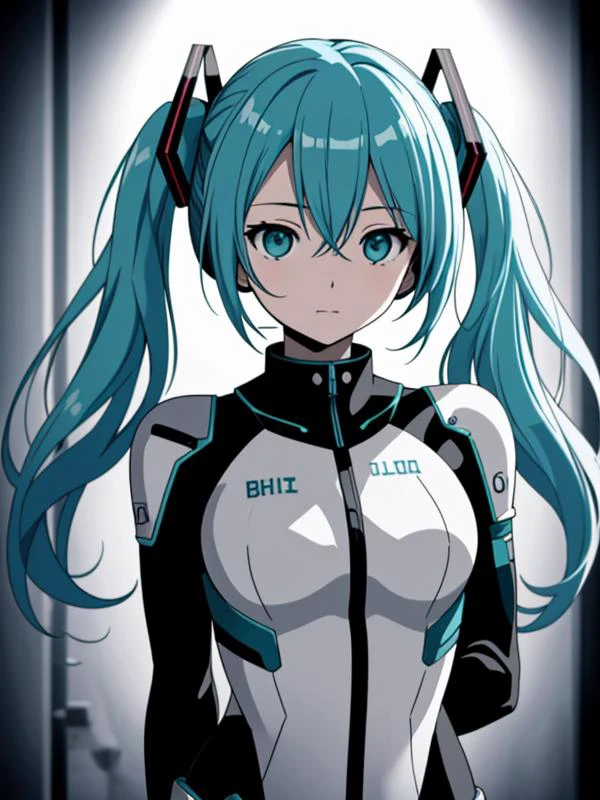 masterpiece, best quality, hatsune miku, (mecha suit:0.8), tight suit, upper body, closed mouth, looking at viewer, arms behind back, highres, 4k, 8k, intricate detail, cinematic lighting, amazing quality, amazing shading, soft lighting, Detailed Illustration, anime style, wallpaper