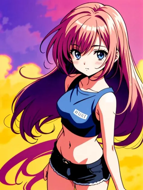 80's anime screencap, girl wearing a cropped top and short shorts, artistic rendition with wide brush strokes, anime comic