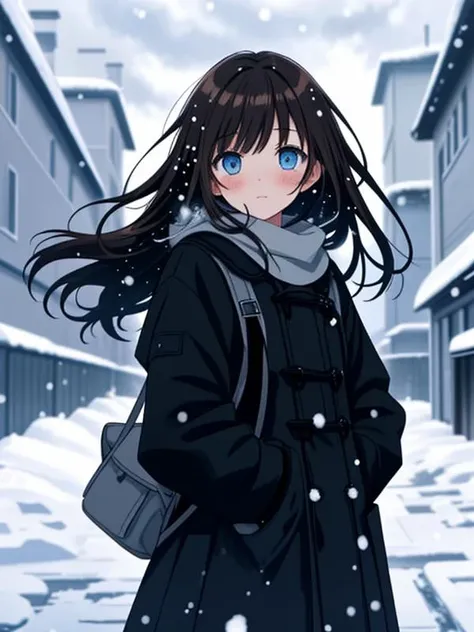 Girl, long straight brown hair with bangs, blue eyes, looks at the viewer, blush, dressed in a black coat, wears a black backpack on her back, flowing hair, wind, stands outside in the snow, snow, winter, snow is falling, blizzard, hands in pockets, it's light outside, no sun, cloudy, pastel colors, in detail