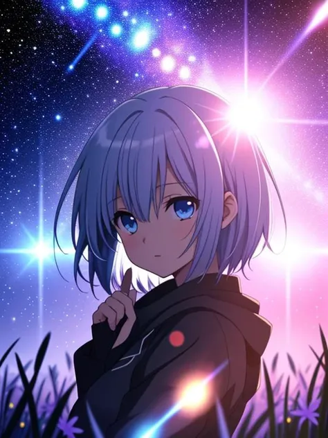 anime girl, night, blue light behind her, ((Galaxy, Lens flare)), short hair, flower field, night sky, cinematic shot. Wallpaper. (Blue color schema), detailed background, a city in the distance