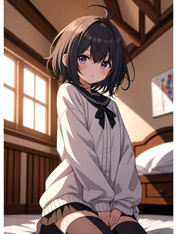 (masterpiece, best quality, highres:1.1), (detailed background), indoors, bedroom,
1girl, solo, wariza, short hair, ahoge,
looking at viewer, black thighhighs,