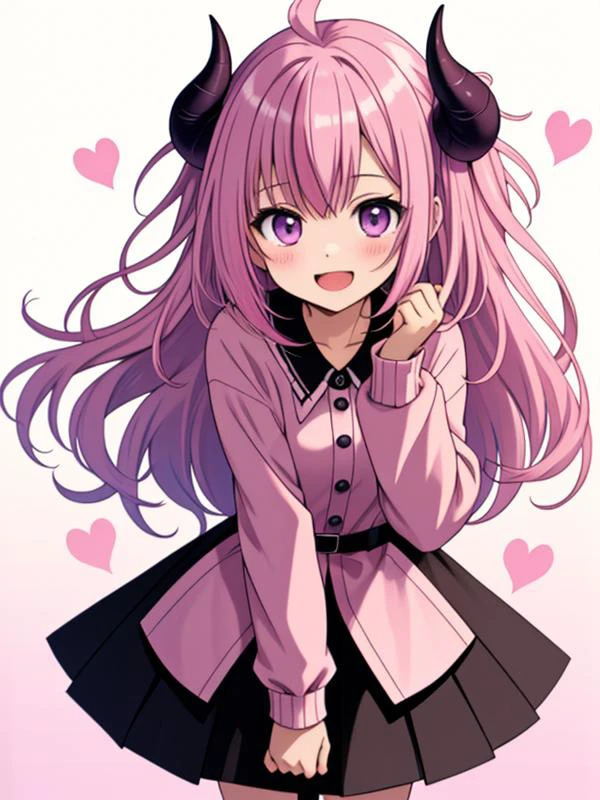 ((masterpiece,best quality)), absurdres,
purple eyes, pink hair, purple hair, horns, streaked hair,
ironmouse, black skirt, smile, ironmouse (1st costume), open mouth, pokey, skirt, two side up, vshojo, white background, looking at viewer, hearts,