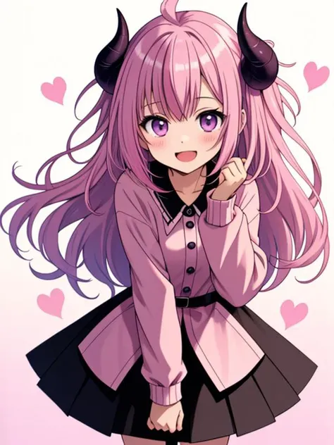 ((masterpiece,best quality)), absurdres,
 purple eyes, pink hair, purple hair, horns, streaked hair, 
ironmouse, black skirt, smile, ironmouse (1st costume), open mouth, pokey, skirt, two side up, vshojo, white background, looking at viewer, hearts,