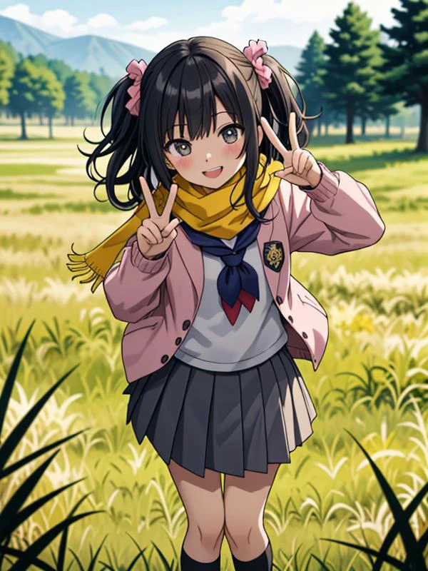 masterpiece, best quality, cowboy shot, looking at viewer, smile, long hair, one side up, hair scrunchie, school uniform, yellow scarf, pink jacket, bow, grey skirt, black socks, loafers, peace sign, outdoors, grass,