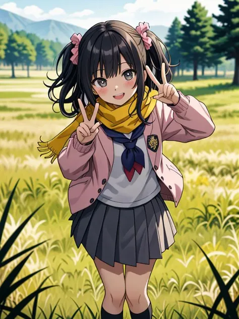 masterpiece, best quality, cowboy shot, looking at viewer, smile,  long hair, one side up, hair scrunchie, school uniform, yellow scarf, pink jacket, bow, grey skirt, black socks, loafers, peace sign, outdoors, grass,